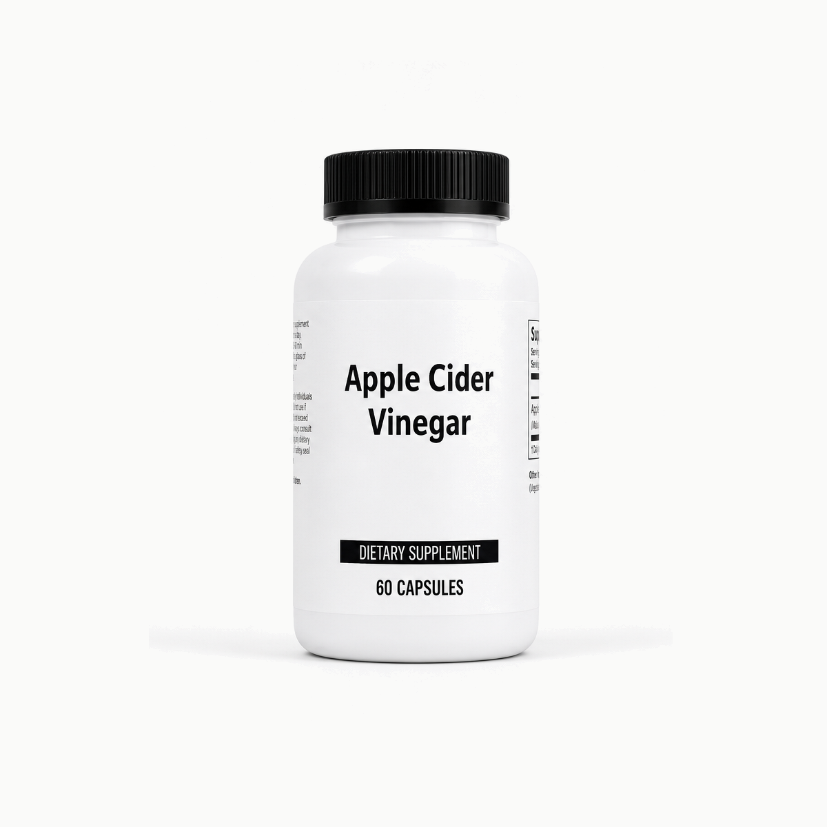 Apple Cider Vinegar supplement bottle with wide front label panel