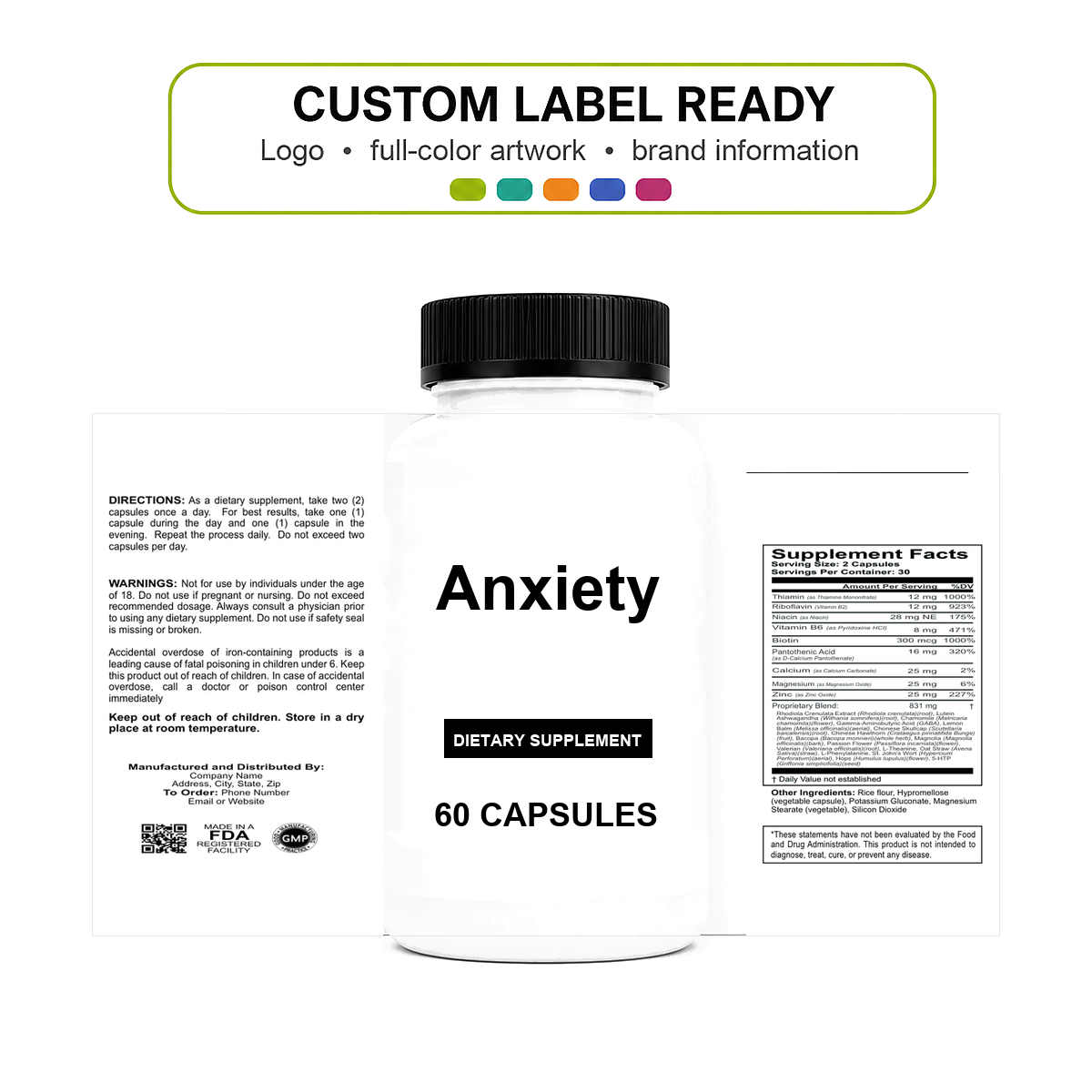 Anxiety v11 bottle-intact custom label ready Anxiety wholesale supplement custom label ready bottle and full label sheet