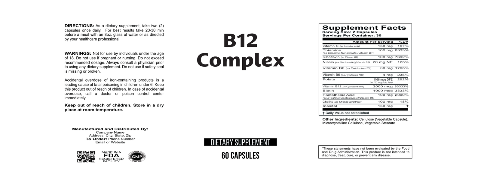 B-12 Complex wholesale supplement label 60