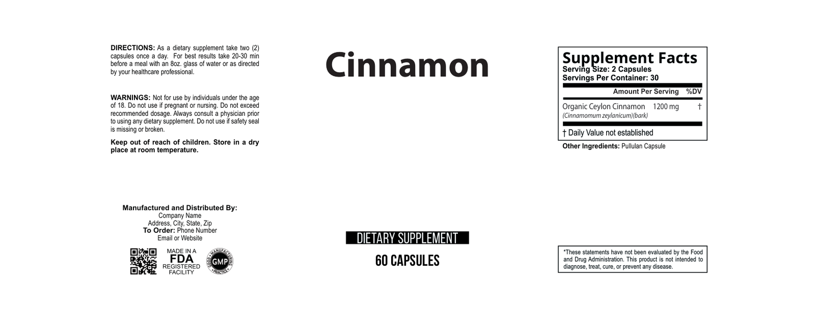 Cinnamon 600mg wholesale supplement label 60