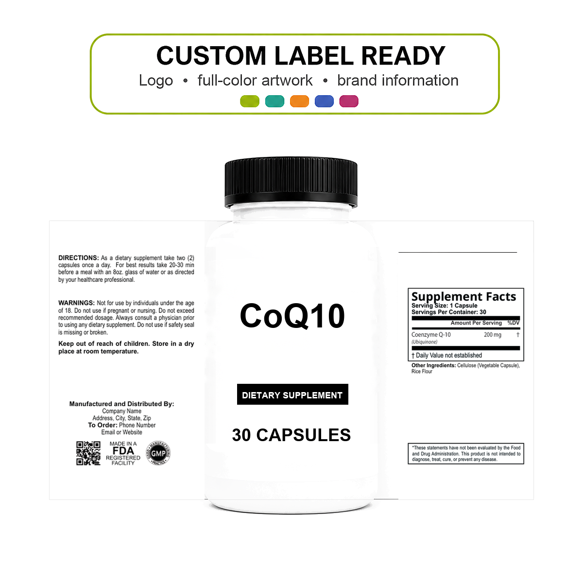 CoQ10 v11 bottle-intact custom label ready CoQ10 wholesale supplement custom label ready bottle and full label sheet