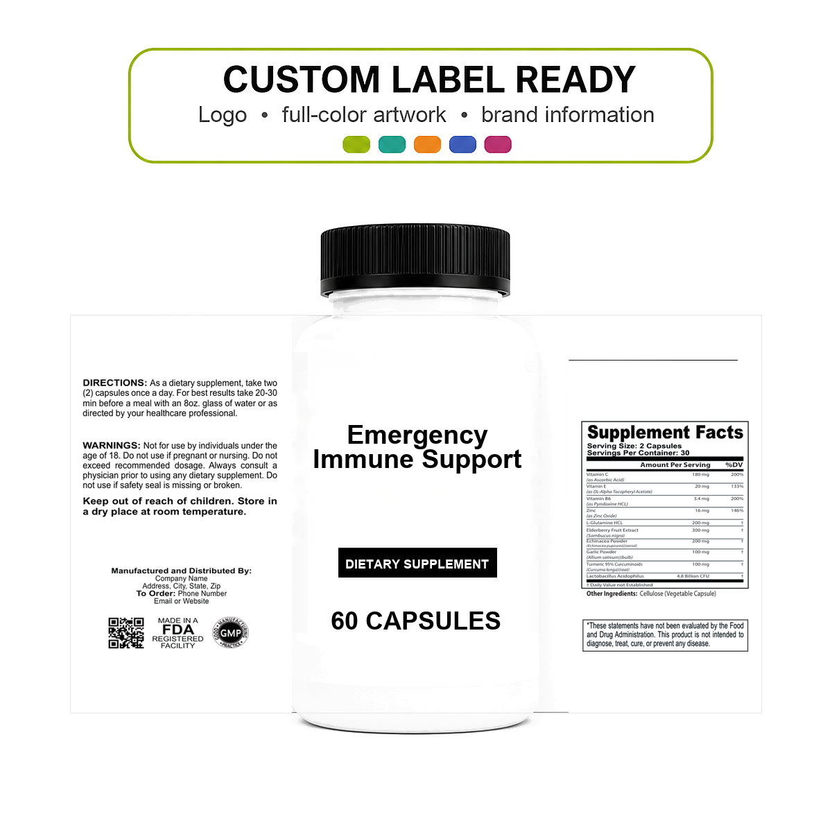 Emergency Immune Support v11 bottle-intact custom label ready Emergency Immune Support wholesale supplement custom label ready bottle and full label sheet