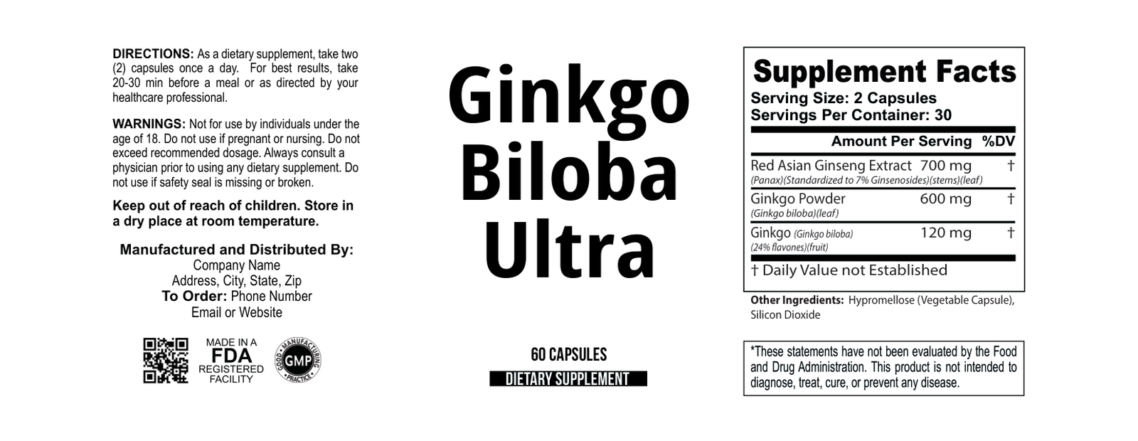 Ginkgo/Ginseng wholesale supplement label 60