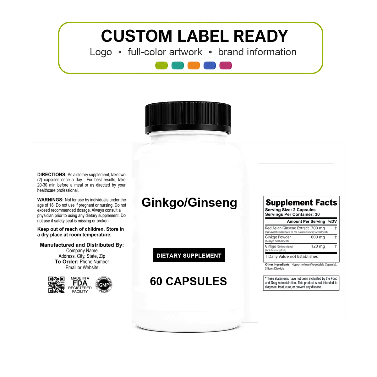 Ginkgo/Ginseng v11 bottle-intact custom label ready Ginkgo/Ginseng wholesale supplement custom label ready bottle and full label sheet