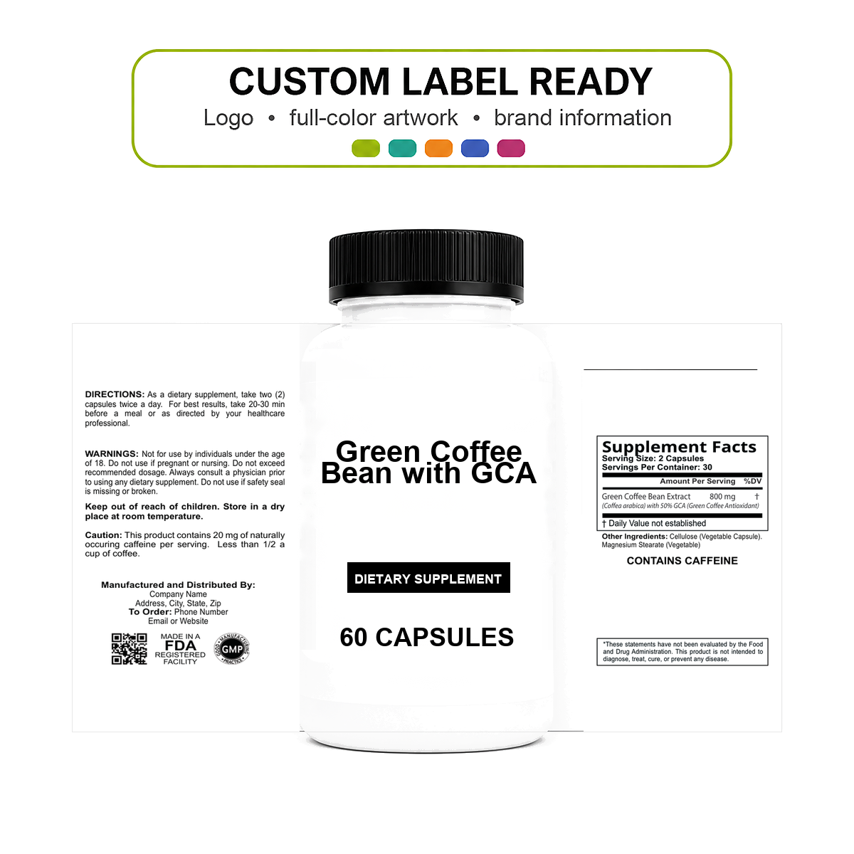 Green Coffee Bean w/GCA v11 bottle-intact custom label ready Green Coffee Bean w/GCA wholesale supplement custom label ready bottle and full label sheet