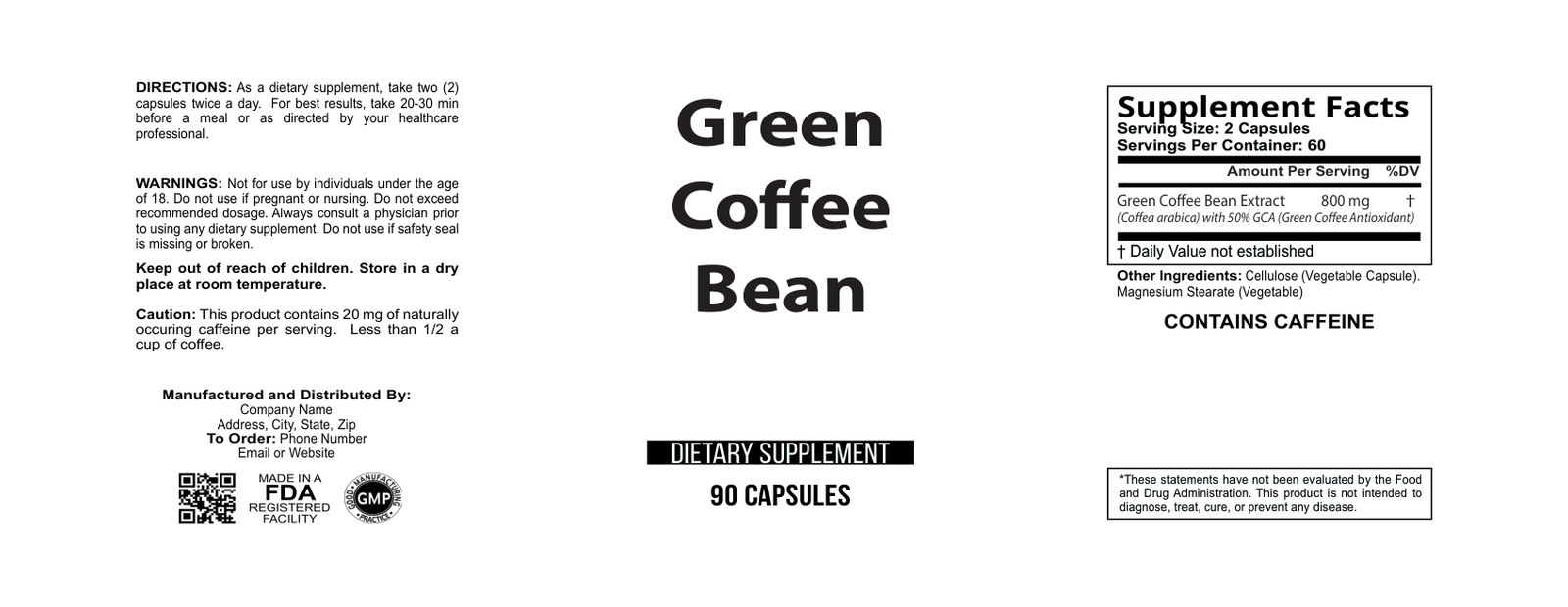 Green Coffee Bean w/GCA wholesale supplement label 90