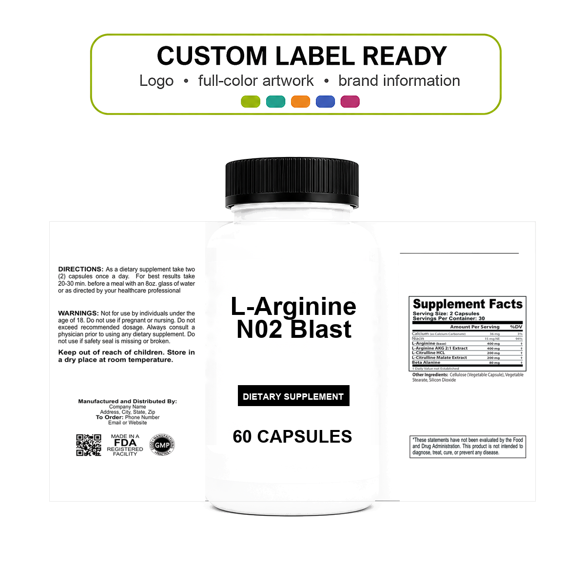 L-Arginine N02 Blast v11 bottle-intact custom label ready L-Arginine N02 Blast wholesale supplement custom label ready bottle and full label sheet