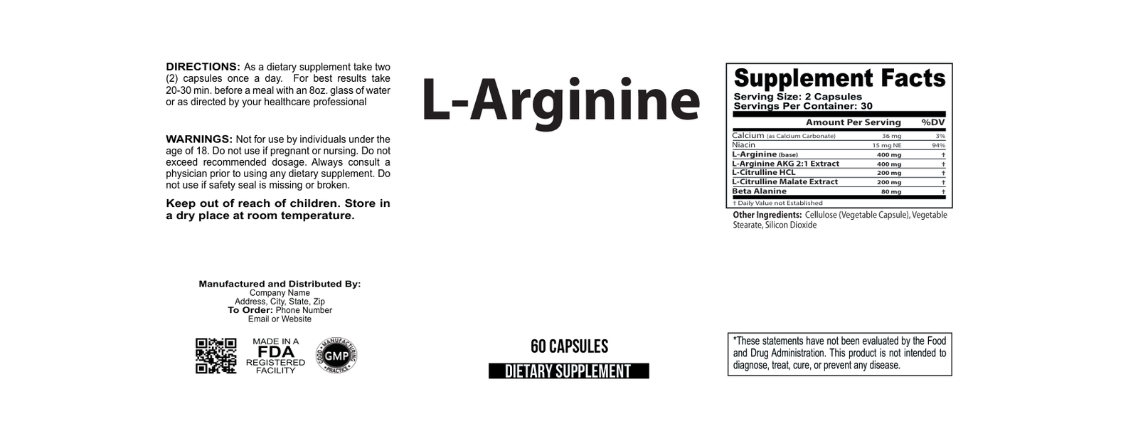 L-Arginine Plus wholesale supplement label 60