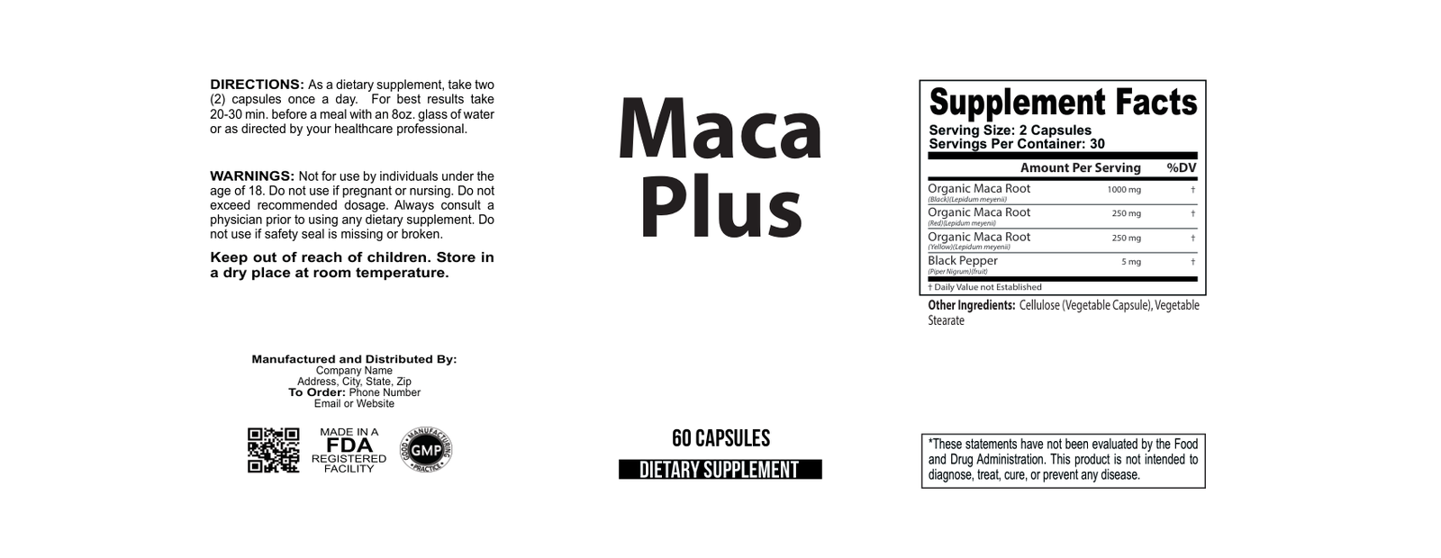 Maca Plus wholesale supplement label 60