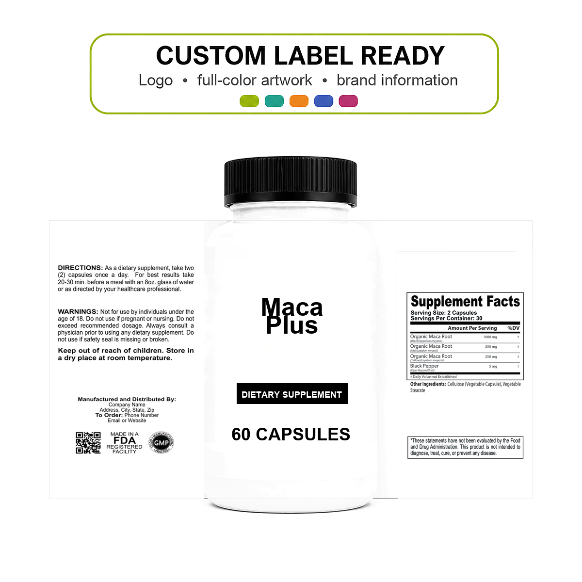 Maca Plus v11 bottle-intact custom label ready Maca Plus wholesale supplement custom label ready bottle and full label sheet