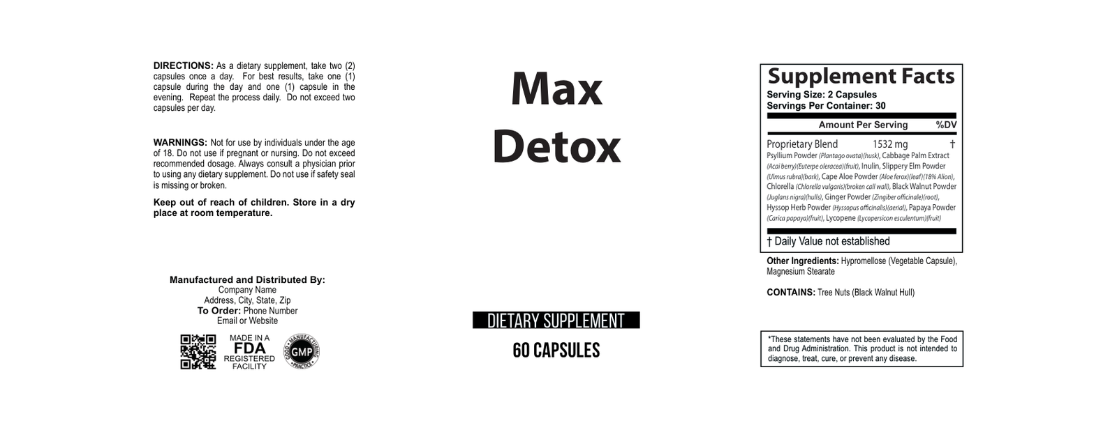 Max Detox wholesale supplement label 60