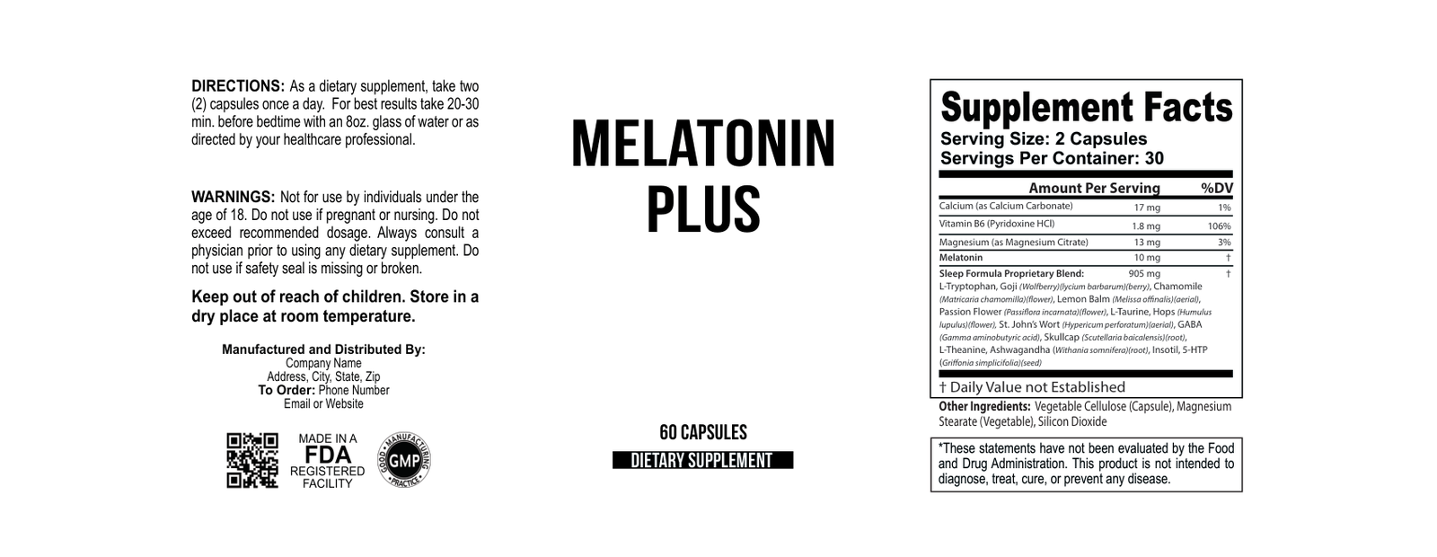 Melatonin Plus wholesale supplement label 60