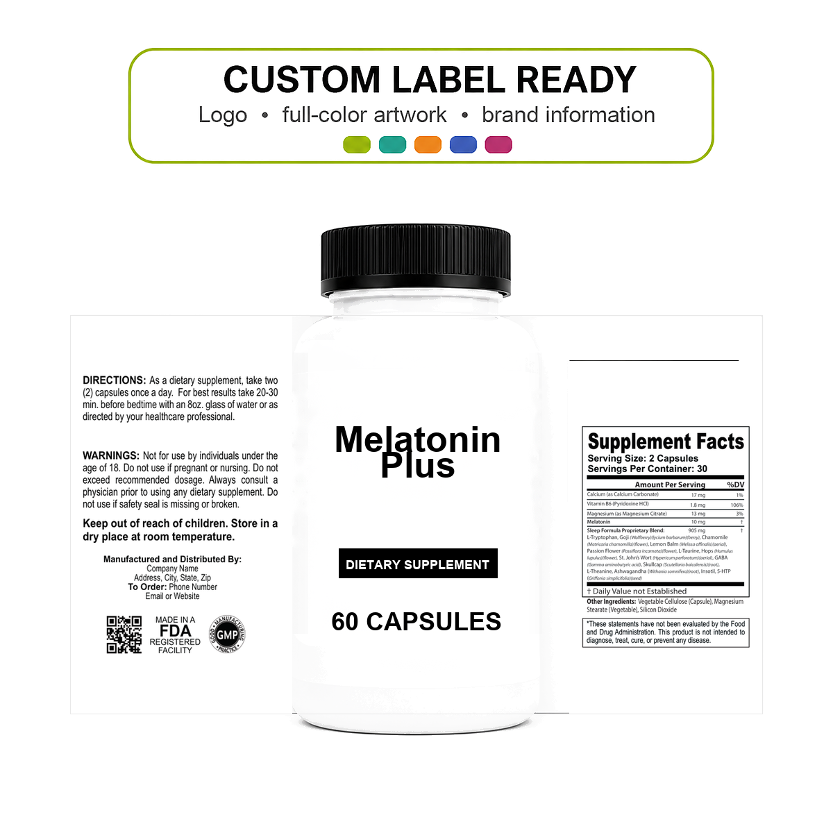 Melatonin Plus v11 bottle-intact custom label ready Melatonin Plus wholesale supplement custom label ready bottle and full label sheet