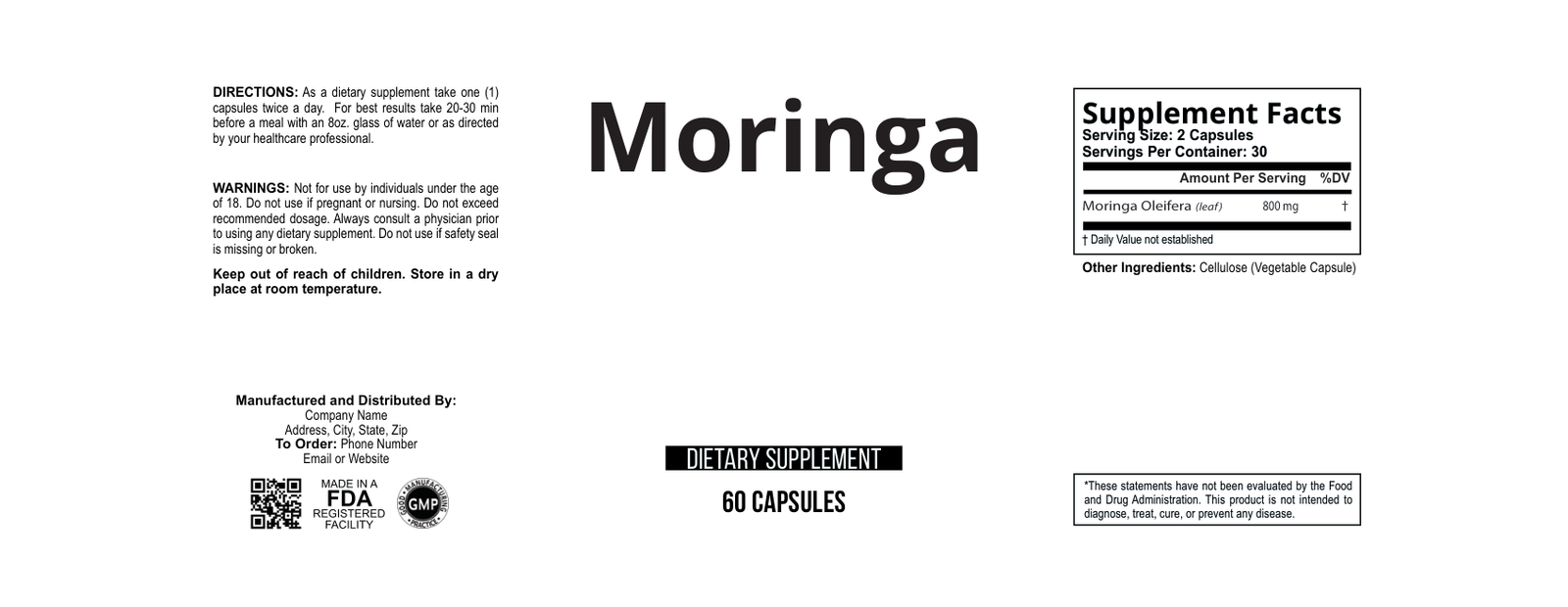 Moringa Pure wholesale supplement label 60