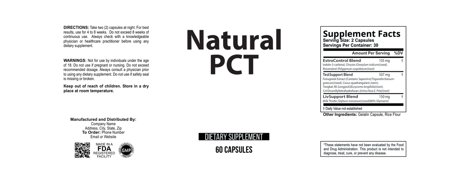 Natural PCT w/o wholesale supplement label 60