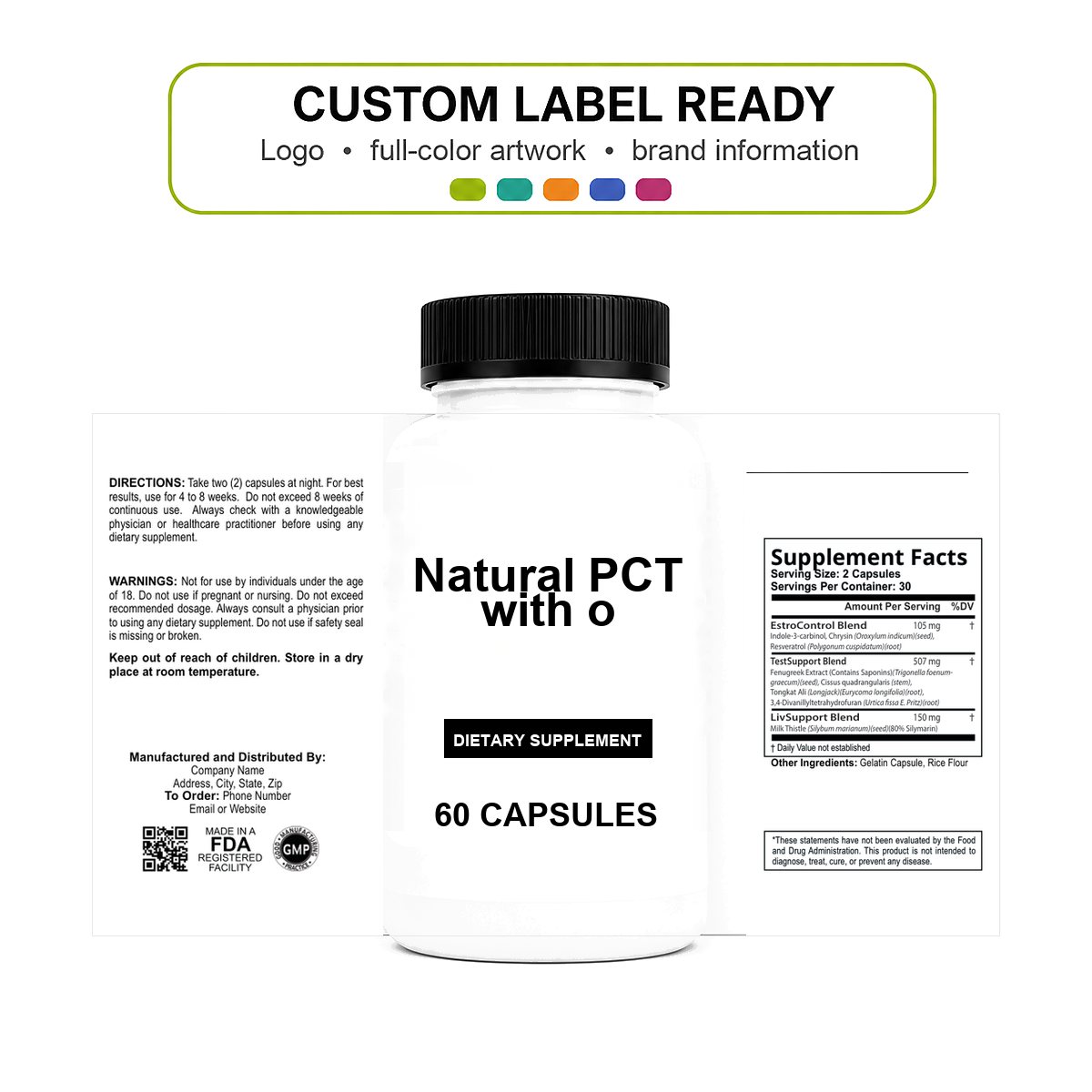 Natural PCT w/o v11 bottle-intact custom label ready Natural PCT w/o wholesale supplement custom label ready bottle and full label sheet
