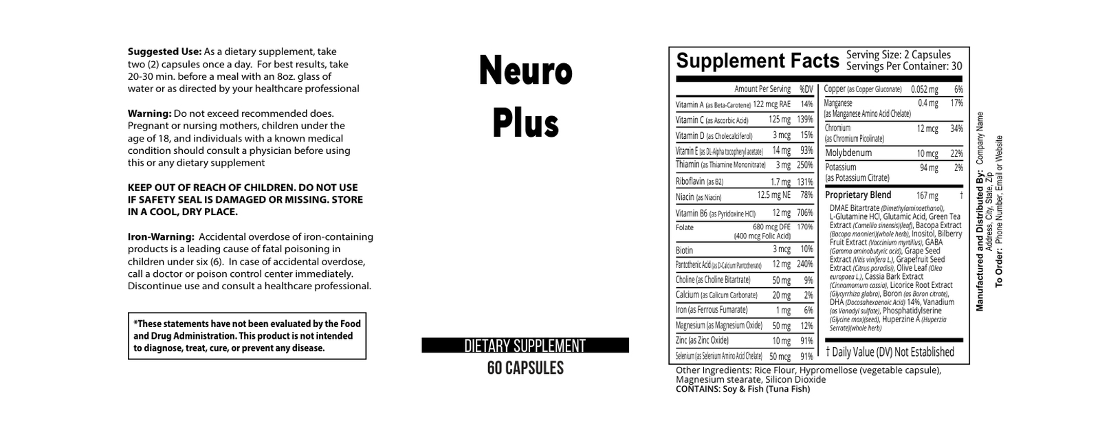 Neuro Brain and Focus w/ wholesale supplement label 60