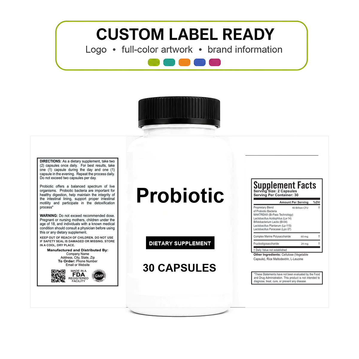 Probiotic 40 Billion v11 bottle-intact custom label ready Probiotic 40 Billion wholesale supplement custom label ready bottle and full label sheet