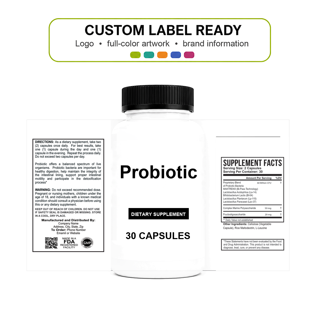 Probiotic 60 Billian v11 bottle-intact custom label ready Probiotic 60 Billian wholesale supplement custom label ready bottle and full label sheet