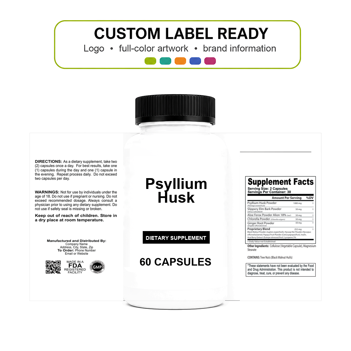 Psyllium Husk v11 bottle-intact custom label ready Psyllium Husk wholesale supplement custom label ready bottle and full label sheet