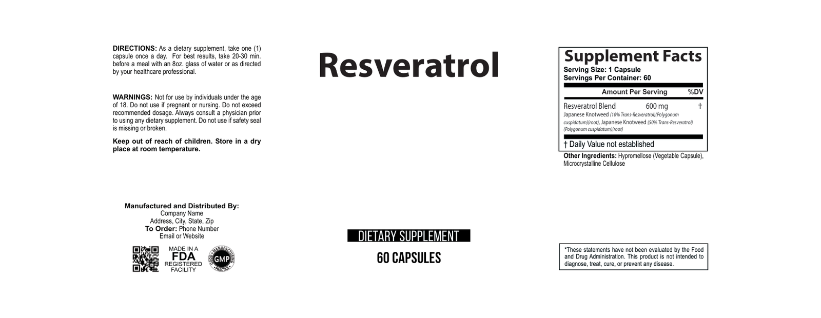 Resveratrol 50% 600mg wholesale supplement label 60