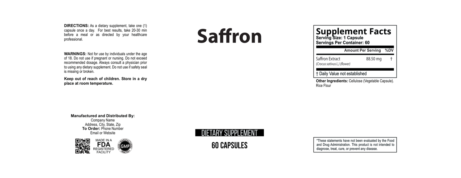Saffron wholesale supplement label 60
