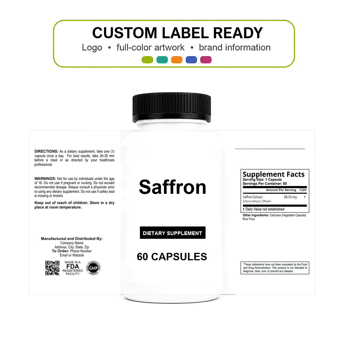 Saffron v11 bottle-intact custom label ready Saffron wholesale supplement custom label ready bottle and full label sheet
