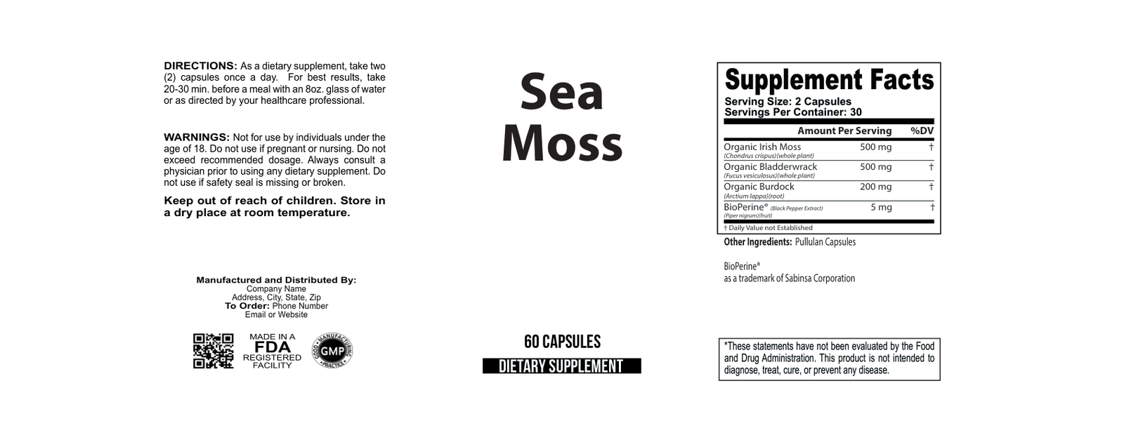 Sea Moss wholesale supplement label 60