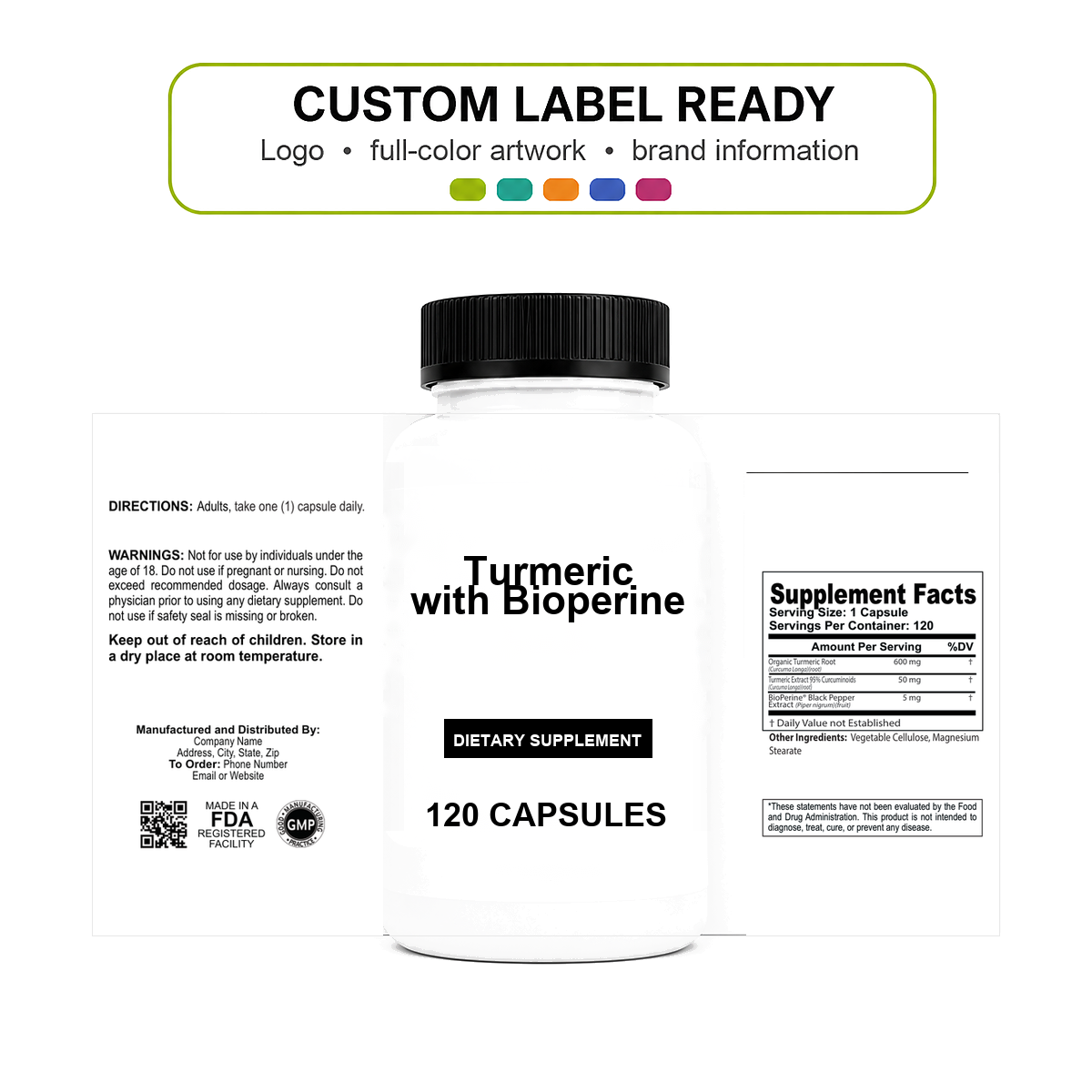 Turmeric w/Bioperine v11 bottle-intact custom label ready Turmeric w/Bioperine wholesale supplement custom label ready bottle and full label sheet
