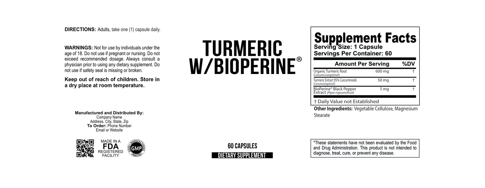 Turmeric w/Bioperine wholesale supplement label 60