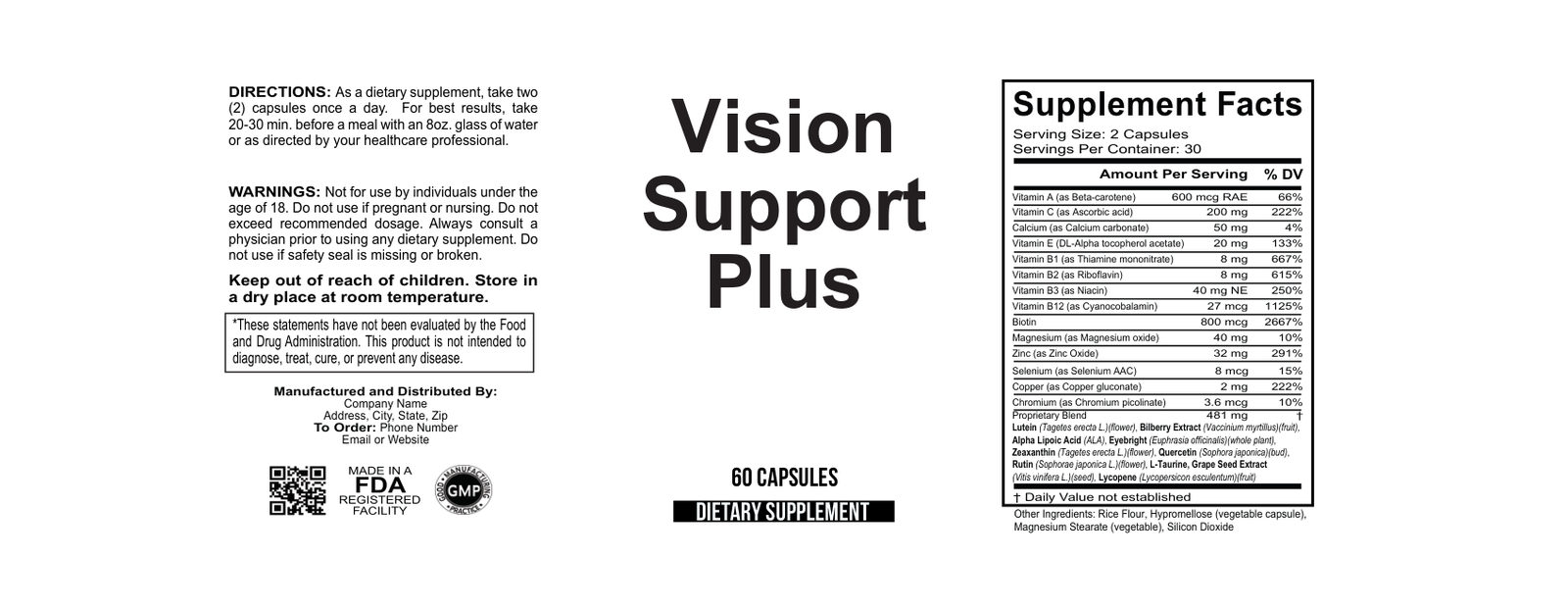 Vision Health Plus Plus W/O wholesale supplement label 60