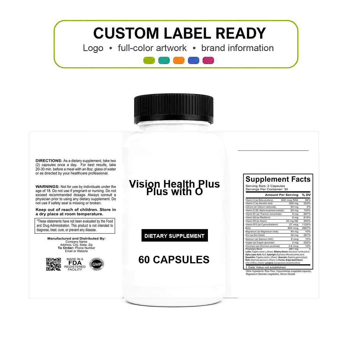 Vision Health Plus Plus W/O v11 bottle-intact custom label ready Vision Health Plus Plus W/O wholesale supplement custom label ready bottle and full label sheet