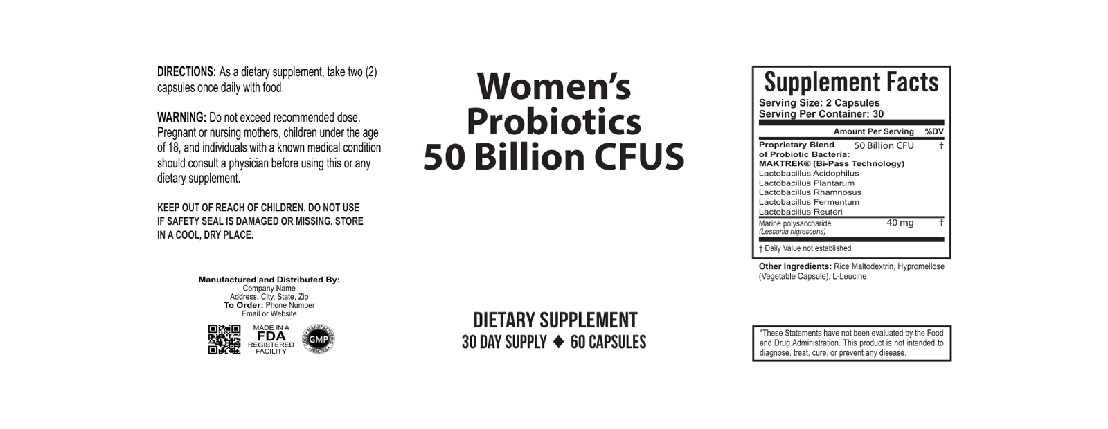 Women's Probiotic wholesale supplement label 60