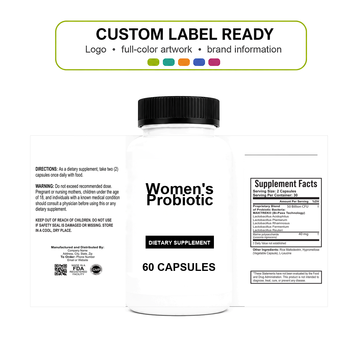 Women's Probiotic v11 bottle-intact custom label ready Women's Probiotic wholesale supplement custom label ready bottle and full label sheet